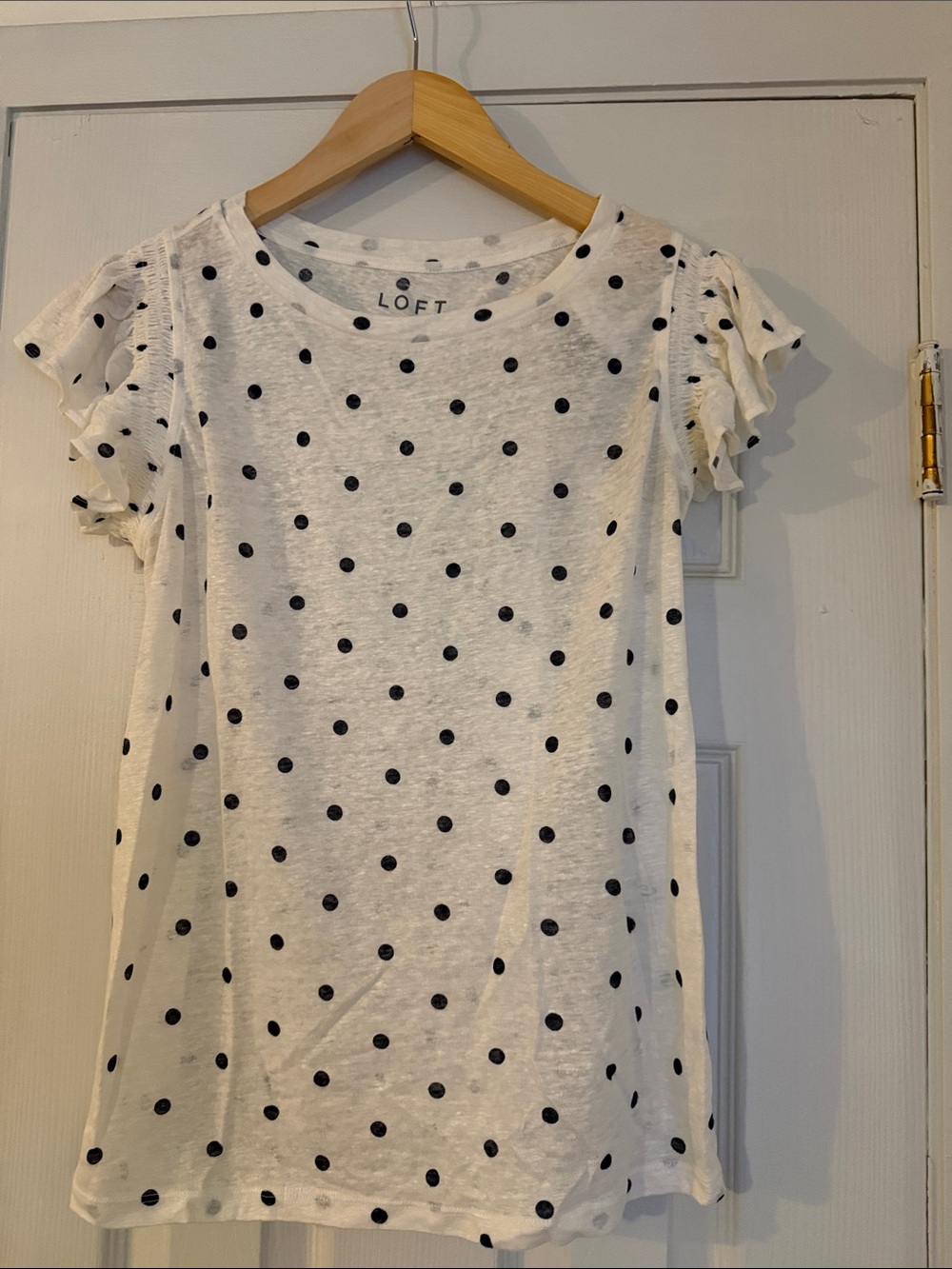 LOFT White Tee with Navy Polka Dots and Ruffle Sleeves